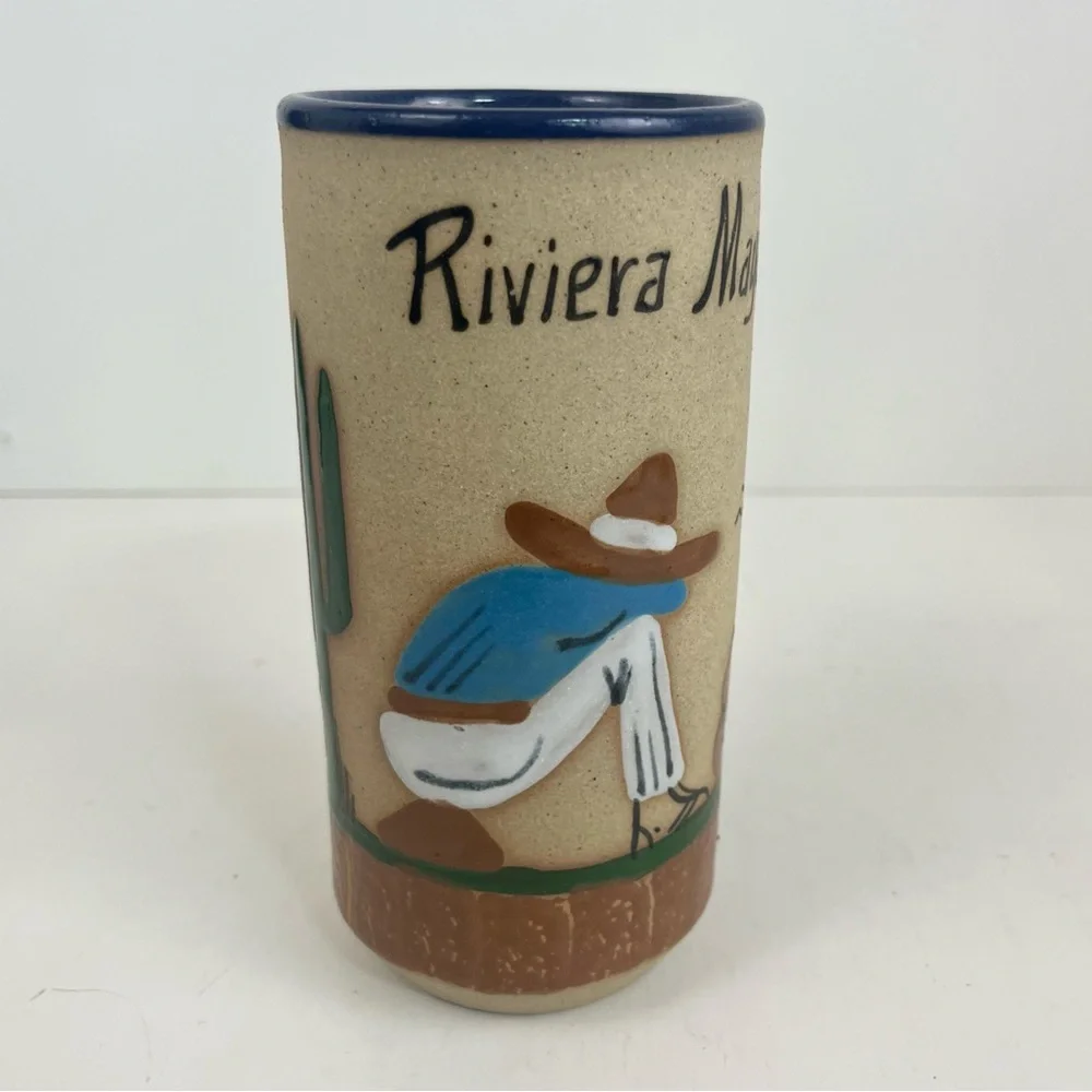 Tonala Mexican Pottery Hand Painted Art Man In Sombrero Cactus Signed 6” Vase